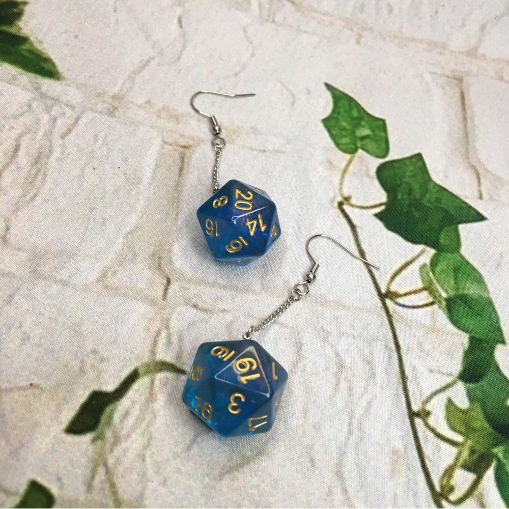 Icosahedron Dice Earrings blue gold numbers long hook new in box